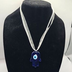 Handmade Custom Midnight Guardian hamsa evil eye white ribbon necklace